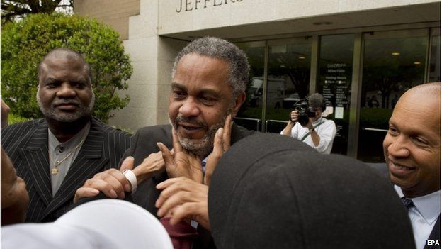 Anthony Ray Hinton is greeted by friends and family outside the Jefferson County Jail