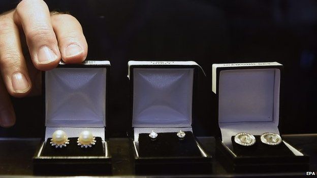 Jewels on display at the Hatton Garden Safe Deposit Ltd store in London