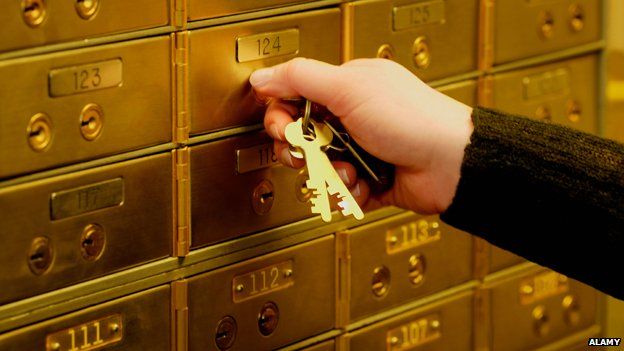 Hand unlocking safe deposit box