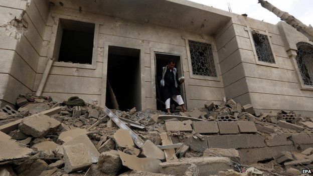 A Yemeni man inspects a house destroyed by an airstrike of the Saudi-led alliance which targeted a Houthi supporters-dominated neighbourhood in Sana’a, Yemen, 08 April 2015