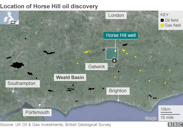 Map showing the latest oil find in southern England