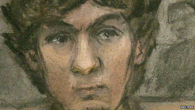 A courtroom sketch shows Boston Marathon bomber Dzhokhar Tsarnaev at the federal courthouse in Boston