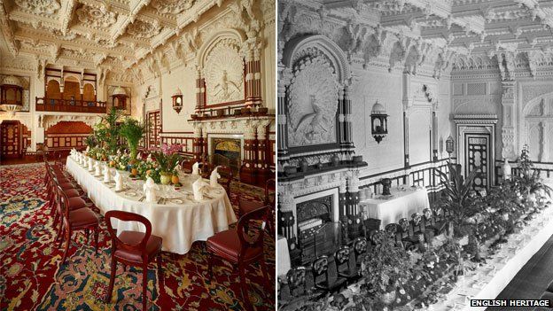 The Durbar Room following conservation work (left) and pictured in the 1890s (right)