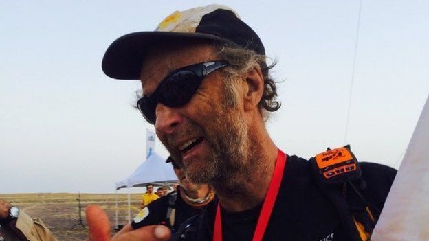 Ranulph Fiennes, completing the finishing line at the Marathon de Sables, 10 April 2015