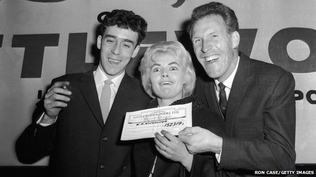 Bruce Forsyth presents Mrs Nicholson with the winning cheque
