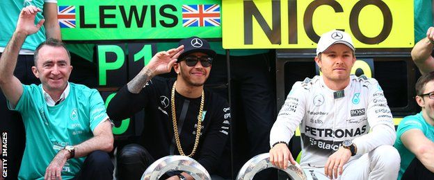 Lewis Hamilton celebrates winning the Chinese Grand Prix with his Mercedes team-mates
