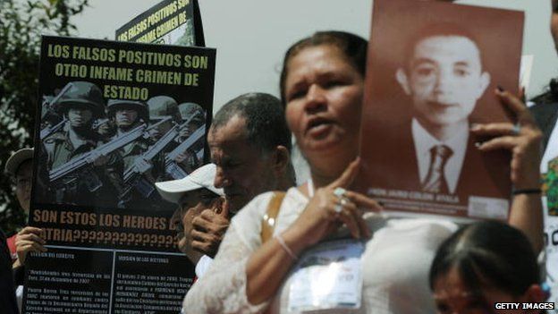 Relatives hold pictures of their beloved during a march against the false positives, massacres and forced disappearences by Colombian authorities on March 6, 2009, in Bogota.