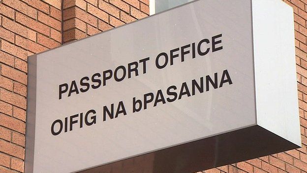 Irish passport office sign, written both in English and in the Irish language