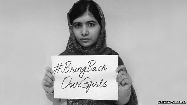 Malala Yousafzai supporting a social media campaign over the abduction of 276 schoolgirls in Nigeria