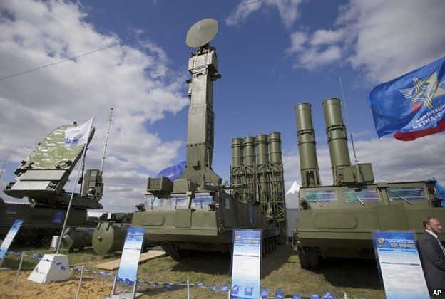 In this file photo taken on Tuesday, Aug. 27, 2013 a Russian air defense missile system Antey 2500, or S-300 VM, is on display at the opening of the MAKS Air Show in Zhukovsky outside Moscow