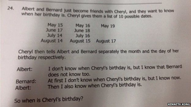Photo of the "Cheryl's Birthday" logic question