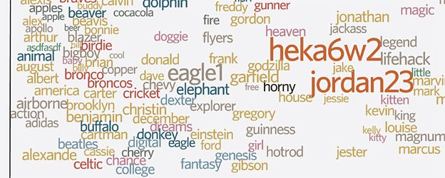 Detail from infographic on the top 500 English language passwords - by David McCandless 'Knowledge is Beautiful'