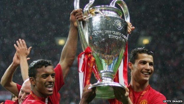 Cristiano Ronaldo and Nani of Manchester United celebrate with the Champions League trophy in 2008