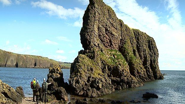 A sea stack off the coast of Aberdeenshire. - the site of a Pictish fort discovered by archaeologists from the University of Aberdeen