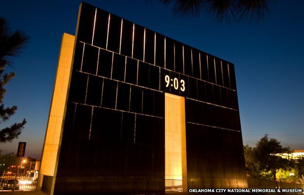 Oklahoma bomb memorial gate showing the time 09:01