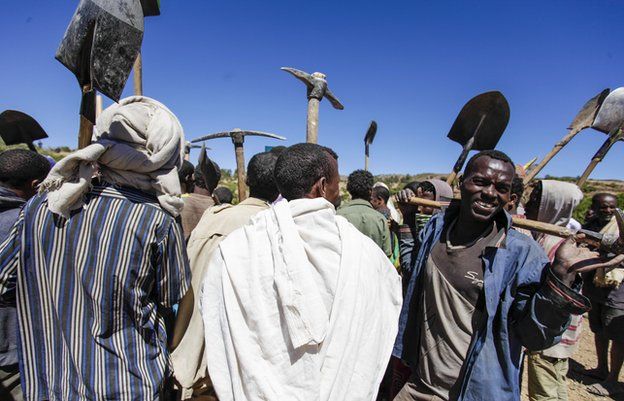 Farmers heading to take part in compulsory labour terracing mountain slopes, Abr'ha Weatsbaha, Tigray Province, Ethiopia
