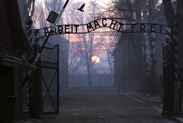 This file picture taken in 12 January 2005 depicts Auschwitz I concentration camp gate, with the inscription "Arbeit Macht Frei"