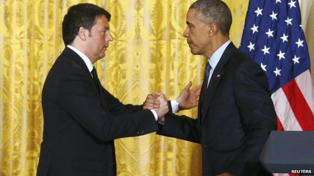 President Barack Obama (R) greets Italian Prime Minister Matteo Renzi after their joint news conference in the East Room of the White House in Washington April 17, 2015