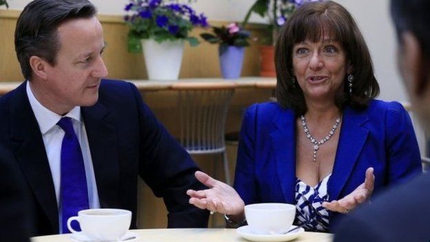 Prime Minister David Cameron and pensions campaigner Ros Altmann, who will become a minister if the Conservatives are re-elected