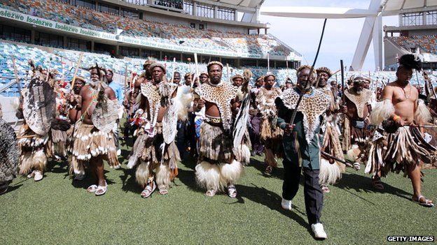 Amabutho clad in traditional Zulu regalia at the Moses Mabhida Football Stadium in Durban on April 20, 2015
