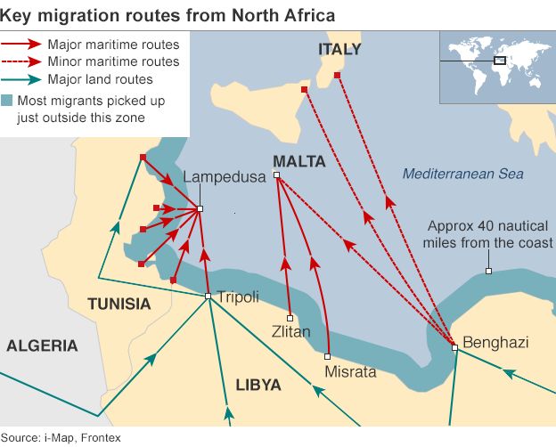 Map showing migration routes from N Africa across the Mediterranean