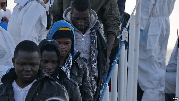 Rescued migrants with Italian coastguard