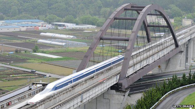 The Maglev (magnetic levitation) train during a test run on the experimental track in Tsuru, 100km west of Tokyo, on May 11, 2010.