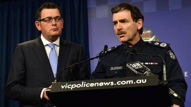 Victoria Police Acting Chief Commissioner Tim Cartwright (right) and Victorian Premier Daniel Andrews hold a press conference in Melbourne