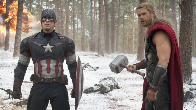Chris Evans (Captain America) and Chris Hemsworth (Thor) in Avengers: Age of Ultron