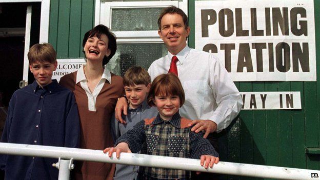 Tony and Cherie Blair and family outside polling station in their constituency