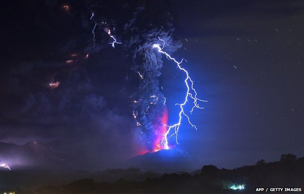 View from Frutillar, southern Chile, of lava spewing from the Calbuco volcano, on 23 April 2015.
