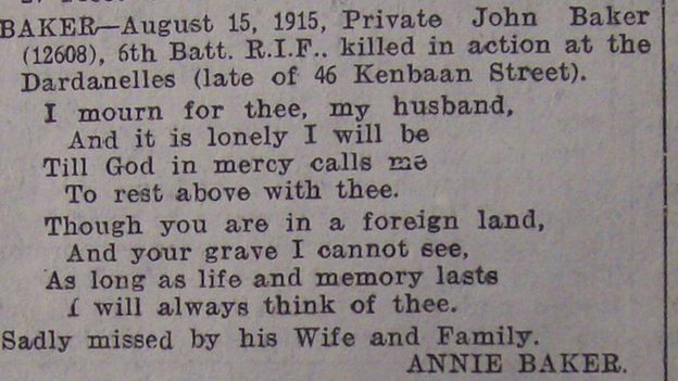 A newspaper obituary for Private James Baker