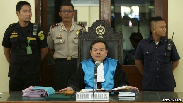 The Chief Judge of a three judge panel listens as the case is read out during an appeal by lawyers for two of the Bali Nine drug smugglers on 6 April, 2015 in Jakarta