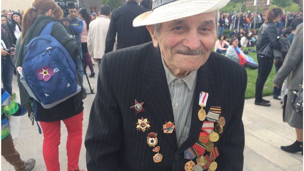 Elderly man attending commemorations in Yerevan (April 2015)
