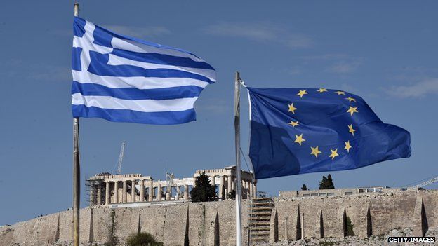 Greek and EU flags in front of Parthenon