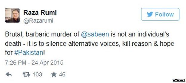 Tweet from Raza Rumi on death of Sabeen Mehmud