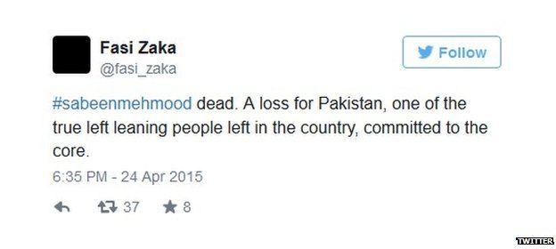 Tweet by Fazi Zaka on the death of Sabeen Mehmud