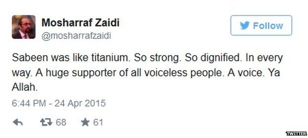 Tweet by Mosharraf Zaidi on the death of Sabeen Mehmud