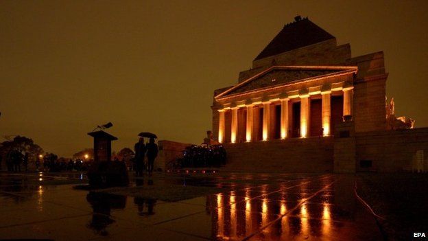 A dawn service is held at the Shrine of Remembrance commemorating the centenary of Anzac Day in Melbourne, Australia (25 April 2015)