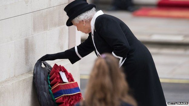 Queen Elizabeth II lays a wreath during a service to commemorate ANZAC day