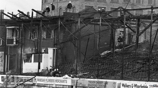 The wrecked main stand at Valley Parade after the fire in 1985