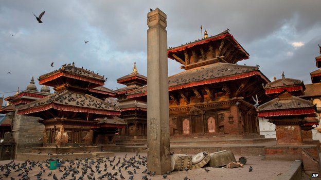 A pillar where a statue of Garud, a Hindu divine character, stood is partially damaged after Saturday's earthquake at the Basantapur Durbar Square in Kathmandu, Nepal (April 26, 2015)