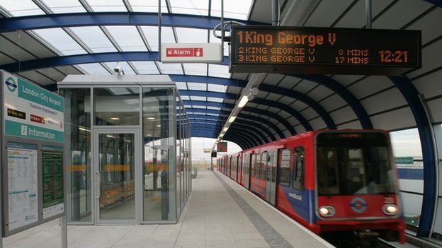 A Docklands Light Railway DLR train at London City Airport station