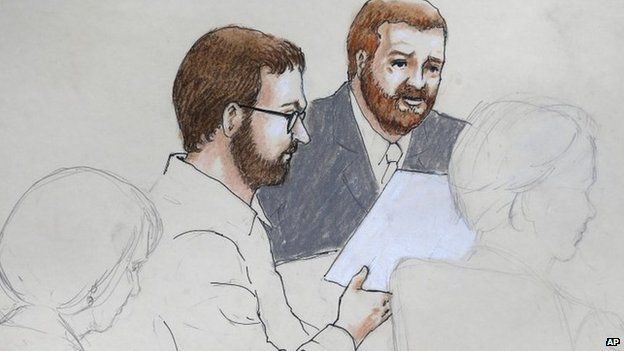 In this Monday, April 27, 2015 sketch by courtroom artist Jeff Kandyba, Aurora theater shooting defendant James Holmes, center left, and defense attorney Daniel King sit in court at the Arapahoe County Justice Center on the first day of Holmes" trial
