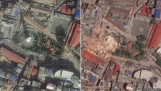 Dharahara tower via satellite before and after the quake