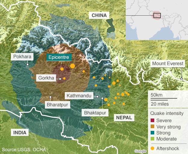Map of Nepal showing areas affected by earthquake