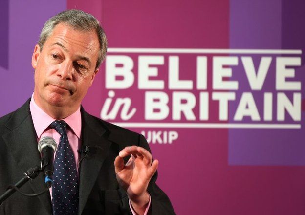 Nigel Farage leader of Britain's United Kingdom Independence Party delivers a speech in Hartlepool, England