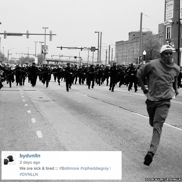 A picture by a self-taught photographer has become one of the most-shared images of the Baltimore protests