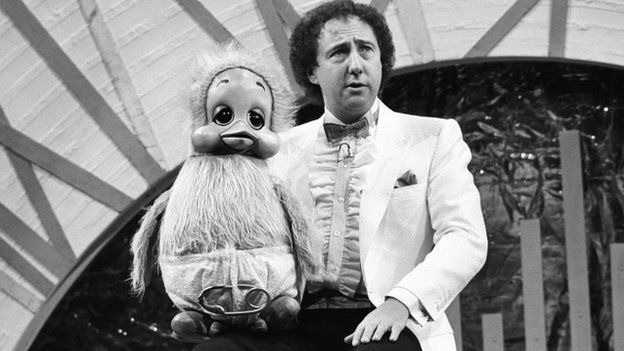 Keith Harris, ventriloquist, performing with puppet Orville the Duck during the Royal Variety Performance, at the Victoria Palace Theatre, London, 19th November 1984