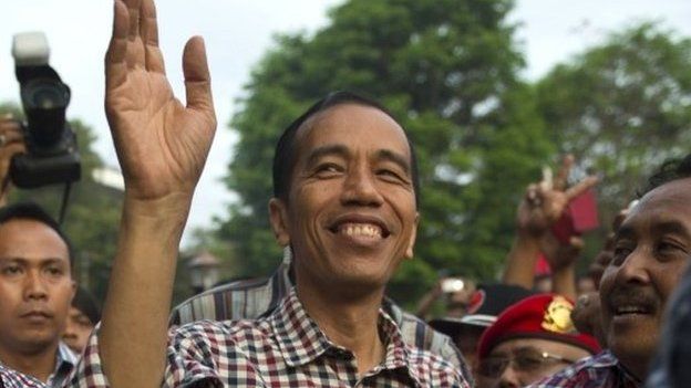 Joko Widodo, the former Jakarta governor, arriving in his hometown in Solo city during a campaign in central Java island on 14 June 2014
